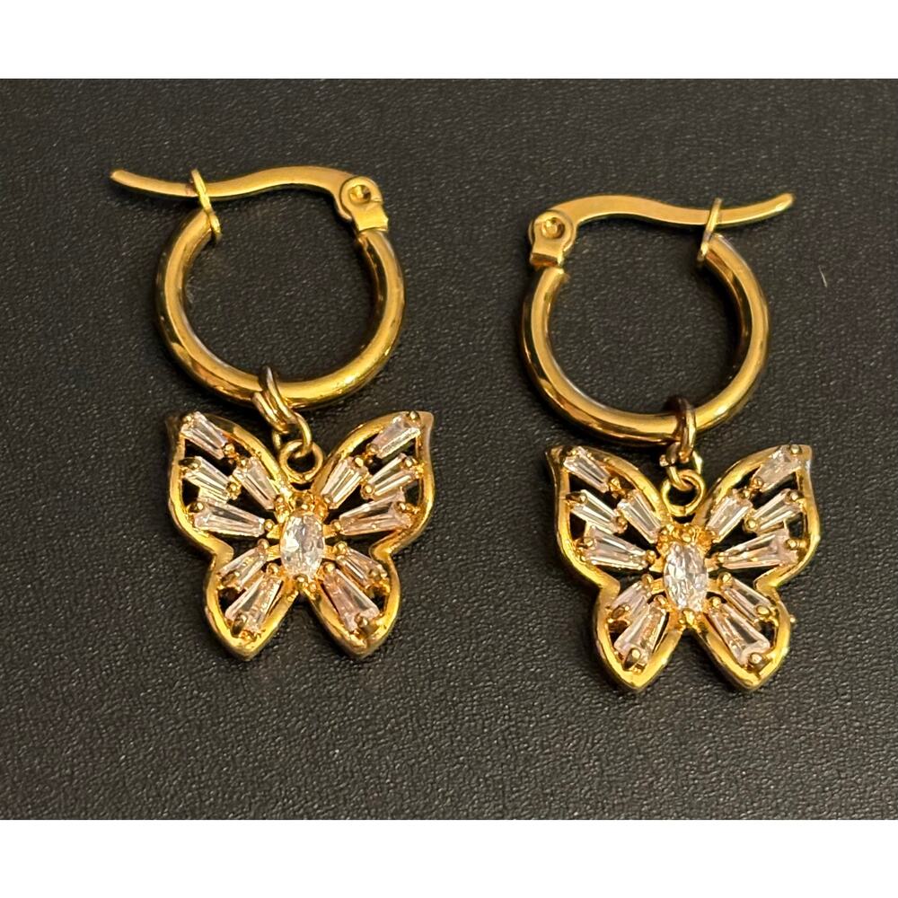 Gold Tone Butterfly Hoop Earrings CZ Baguette Dangle Sparkle